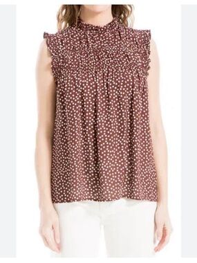 Max Studio Brown Polka Dot Smocked Sleeveless Blouse